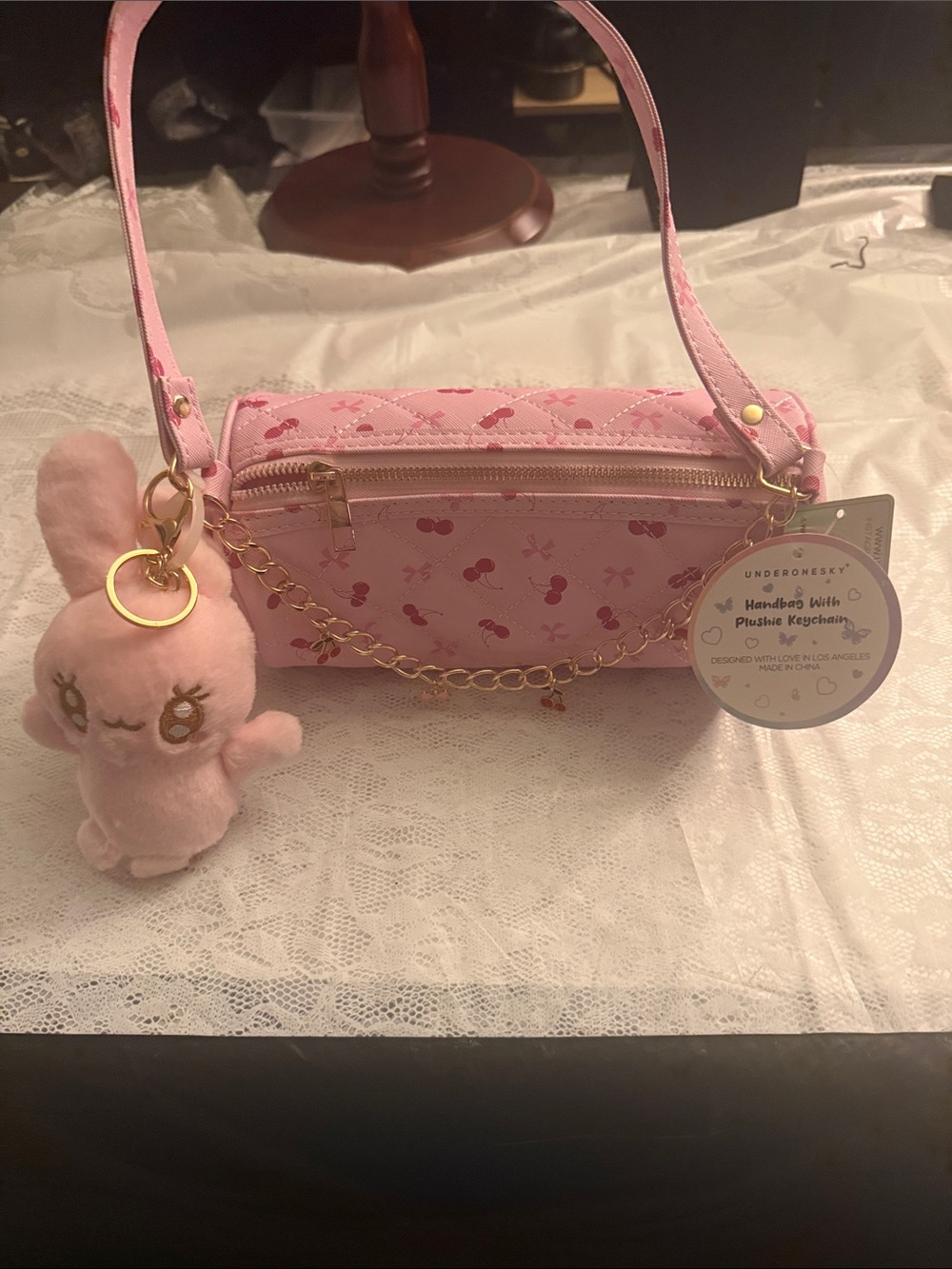 Pink Cherry Print Mini Barrel Bag with Bunny Keychain